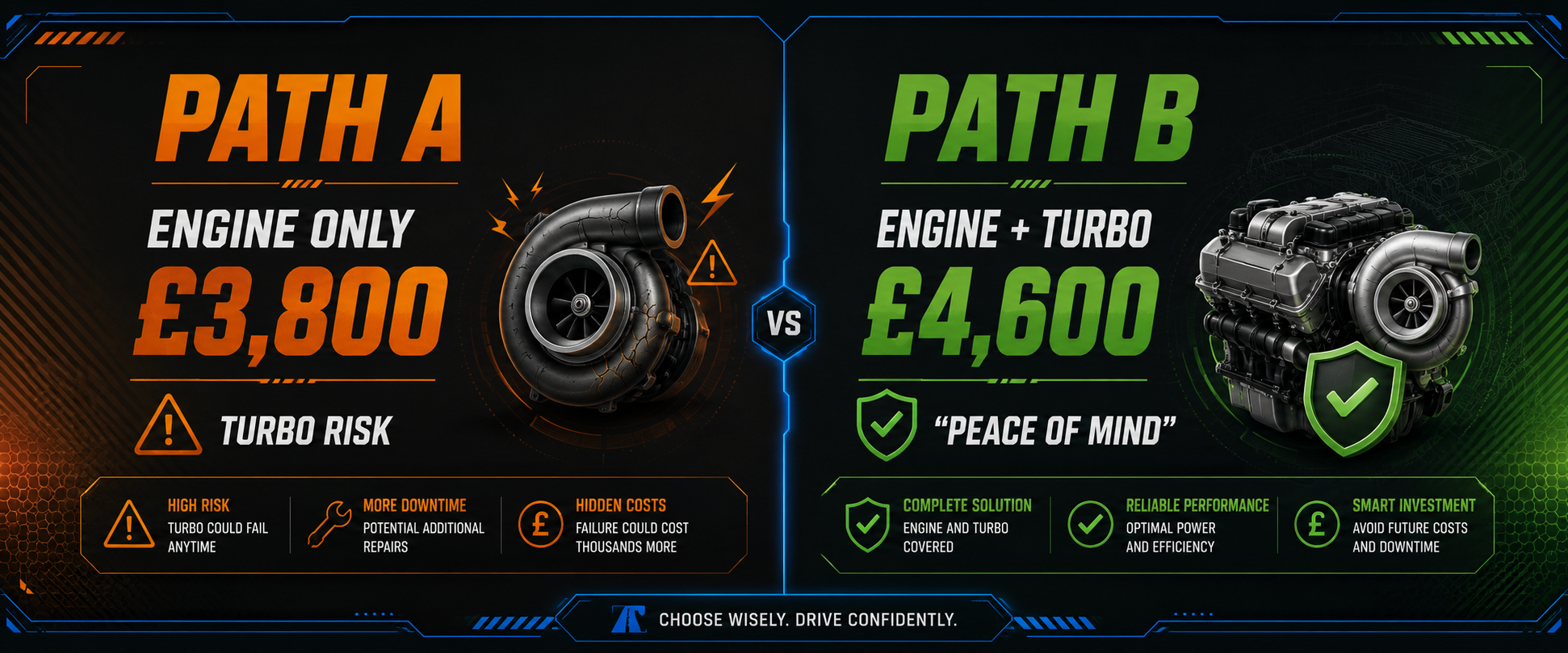 Ford Transit repair decision - engine only at £3,800 with turbo risk versus engine and turbo at £4,600 with peace of mind