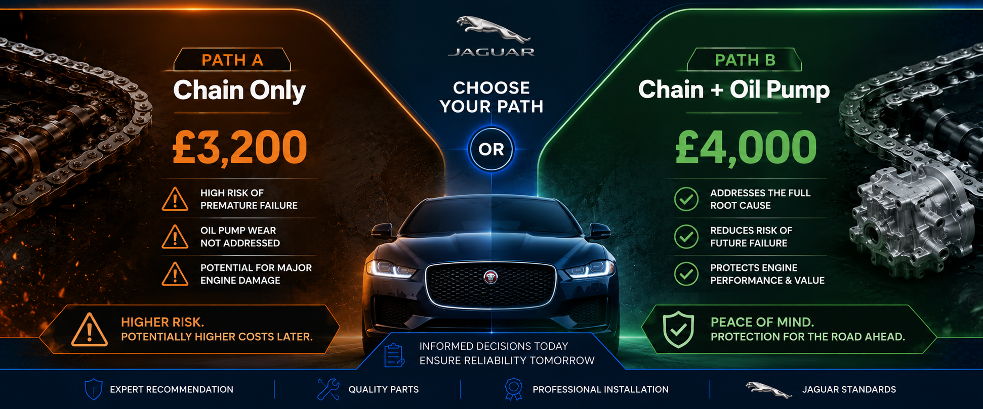 Jaguar Ingenium repair decision - chain only at £3,200 with risks versus chain and oil pump at £4,000 with peace of mind
