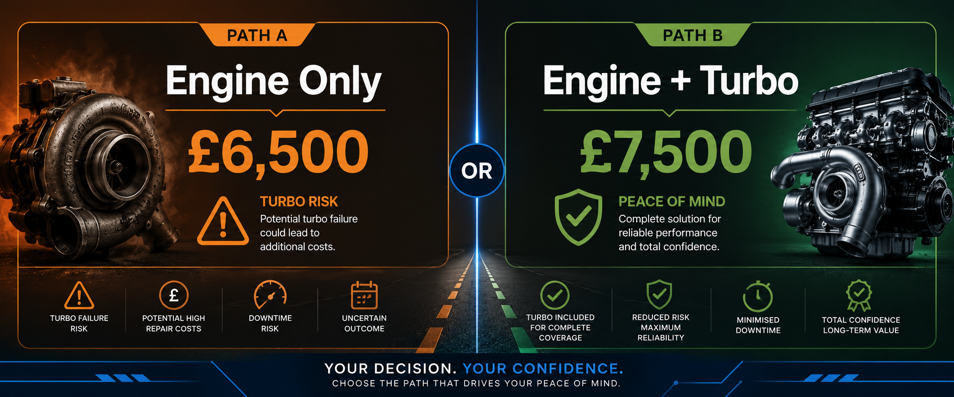 Mercedes Sprinter repair decision - engine only at £5,000 with risks versus engine, turbo and injectors at £6,800 with peace of mind