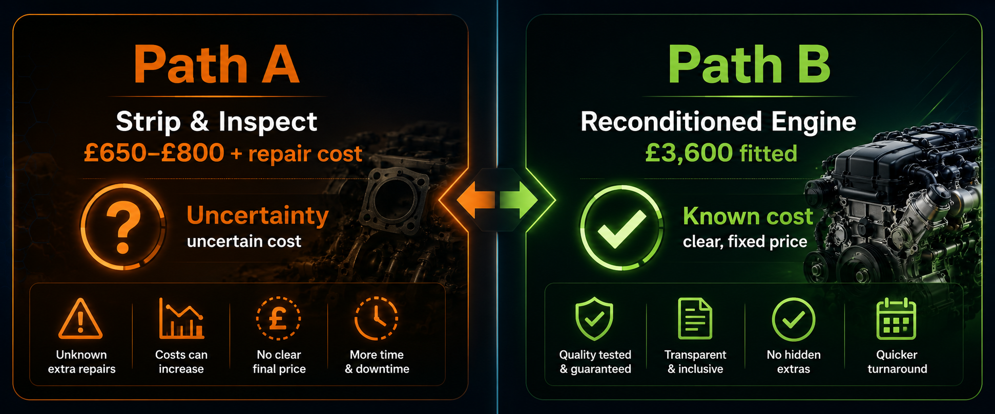 Peugeot Boxer repair decision - strip and inspect with uncertainty versus reconditioned engine at £3,600 with known cost