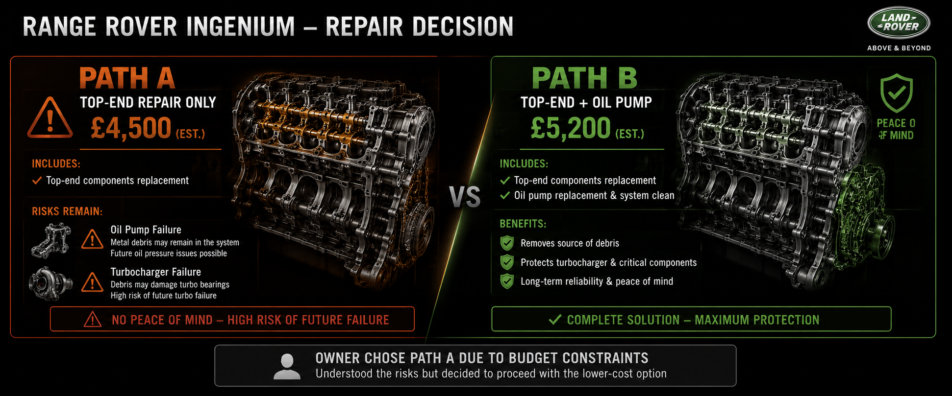 Range Rover Evoque repair decision paths - top-end repair only versus oil pump preventative replacement