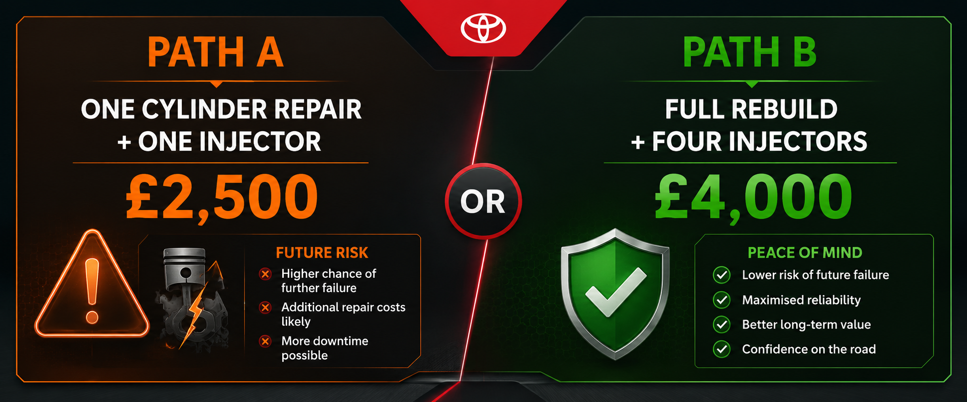 Toyota Hilux repair decision - one cylinder at £2,500 with risks versus full rebuild at £4,000 with peace of mind
