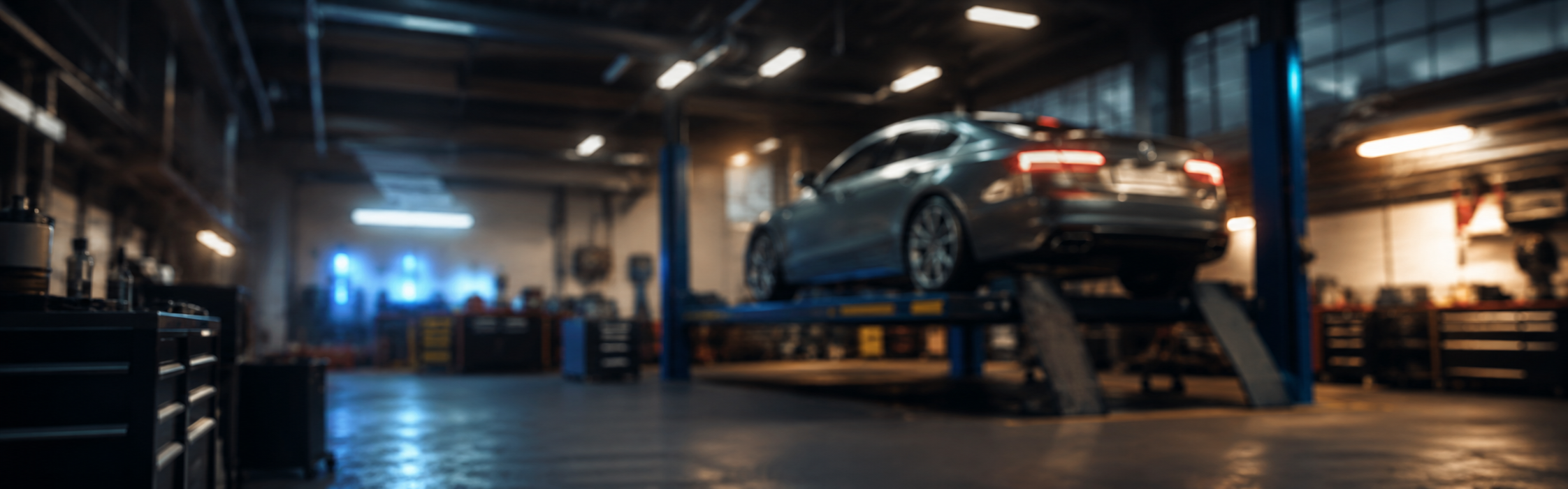 Blurred Audi workshop background with A6 on ramp after successful EA888 rebuild