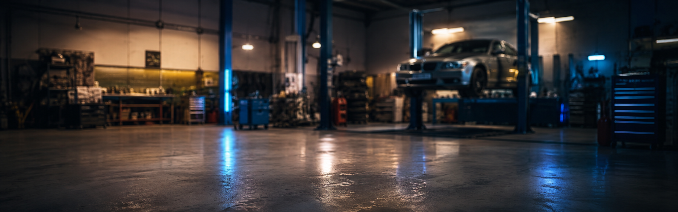 Blurred BMW workshop background with 3 Series on ramp for repair outcome quote card