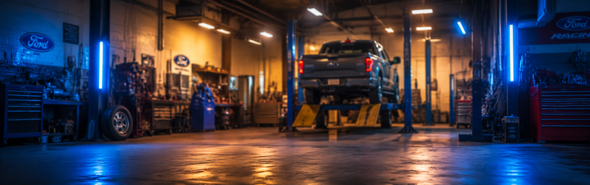 Ford workshop background with Ranger on ramp after successful engine replacement