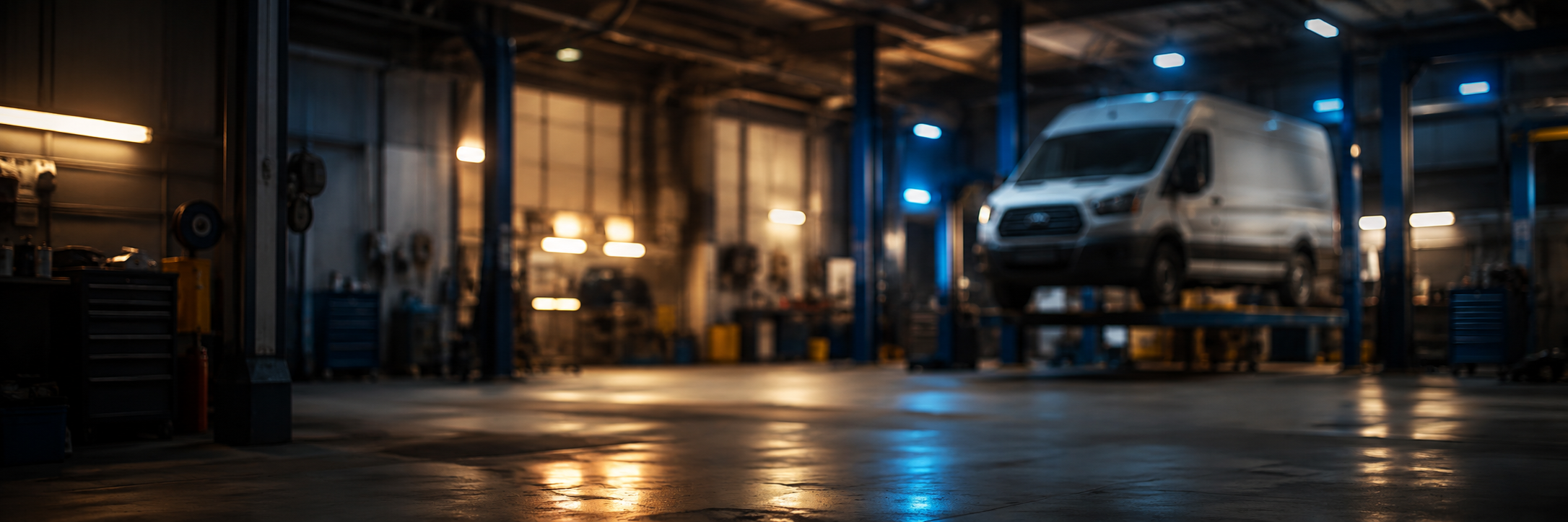 Blurred Ford workshop background with Transit on ramp for repair outcome quote card