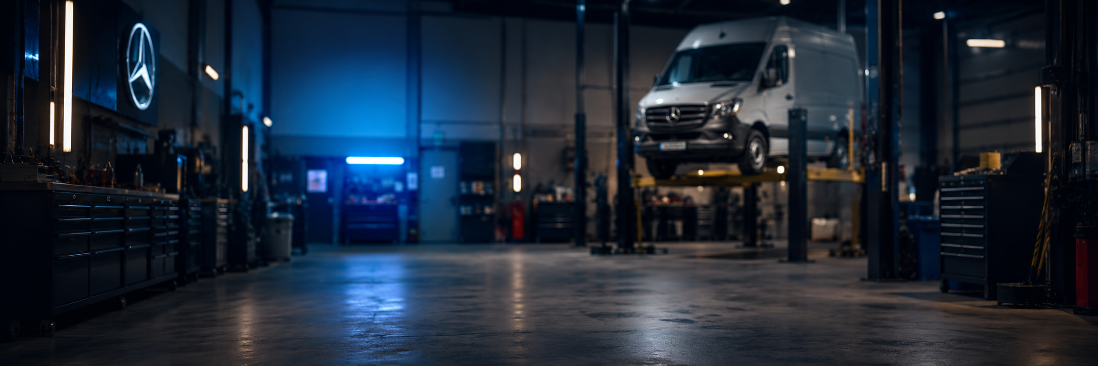 Blurred Mercedes workshop background with Sprinter on ramp for repair outcome quote card