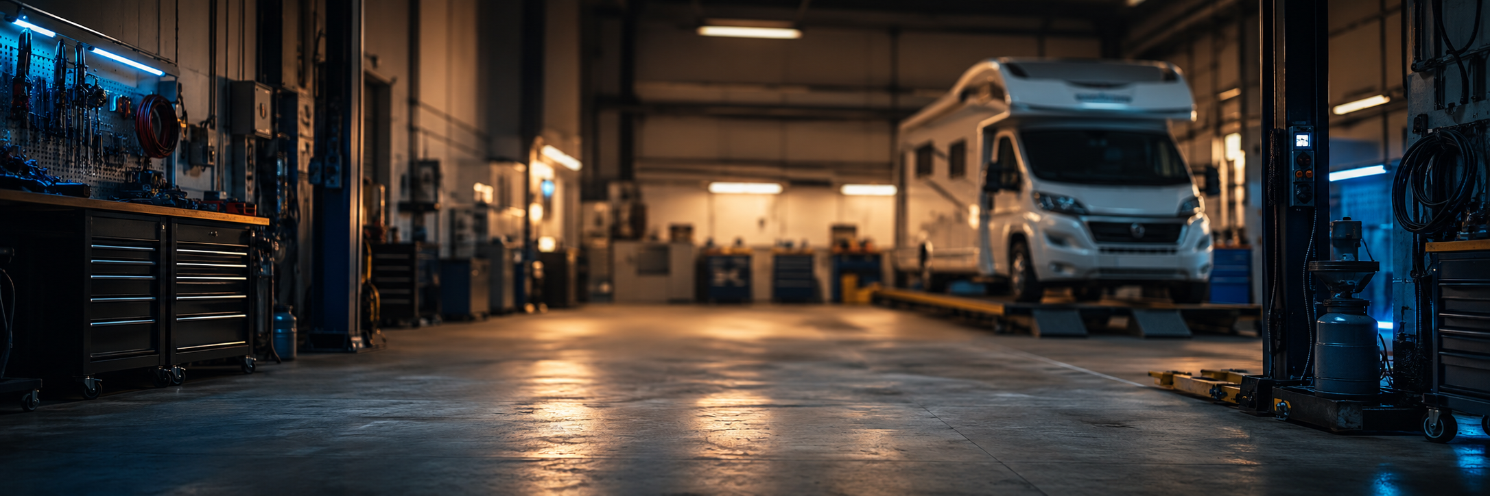 Blurred Peugeot workshop background with Boxer motorhome on ramp for repair outcome quote card