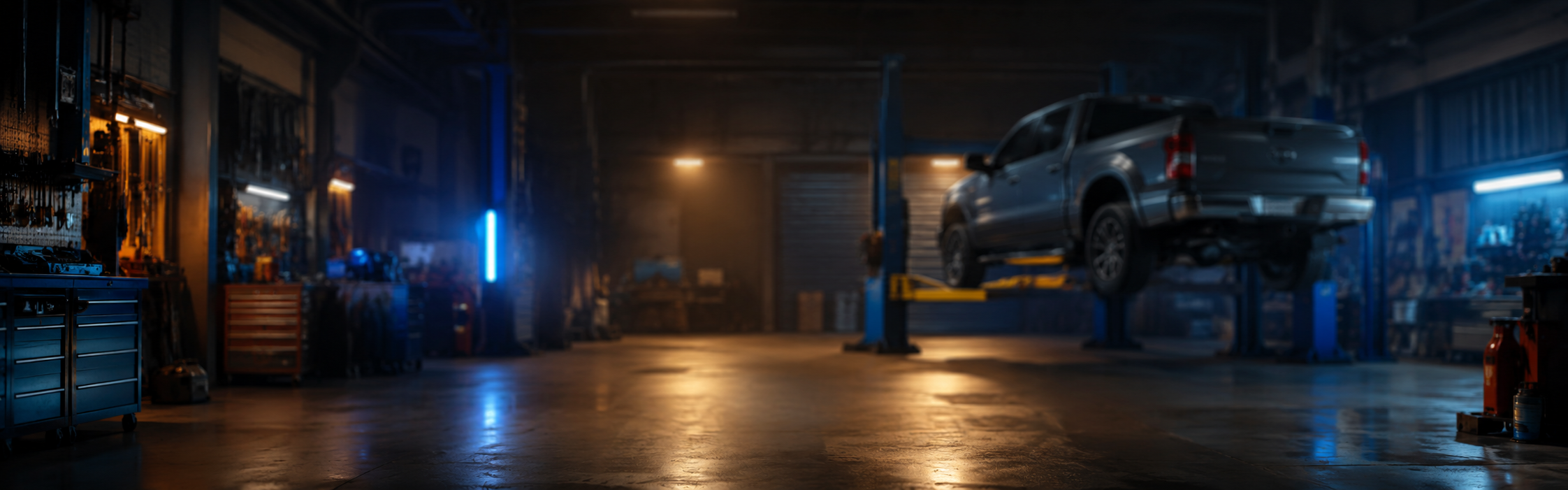 Blurred VW workshop background with Amarok on ramp for repair outcome quote card