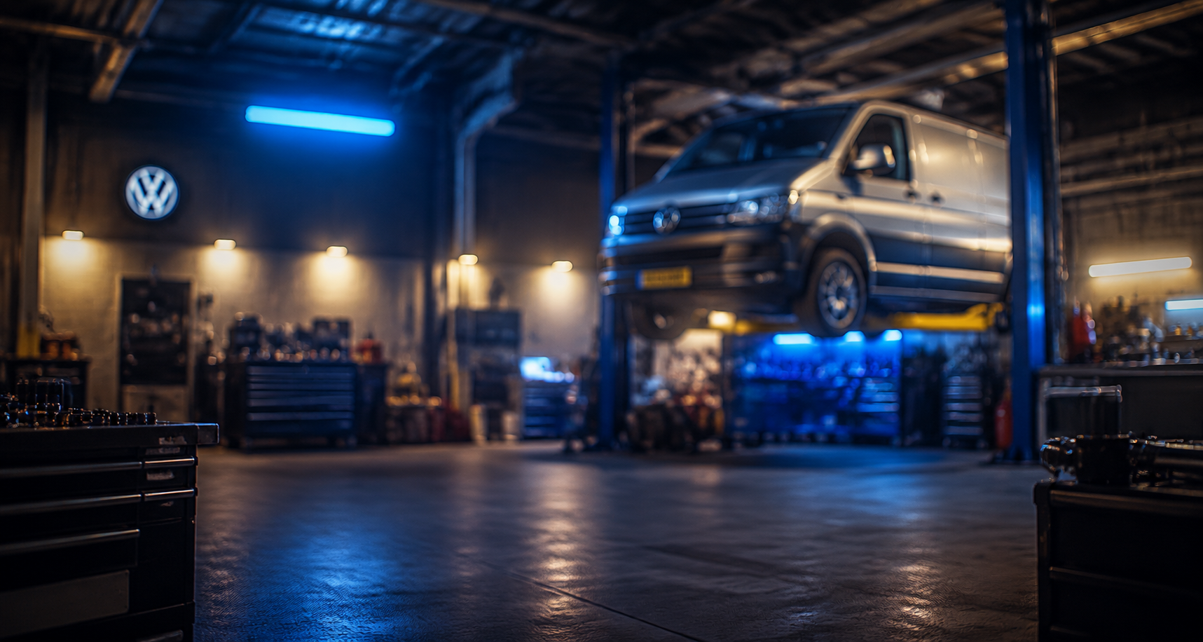 Blurred VW workshop background with Transporter on ramp for repair outcome quote card