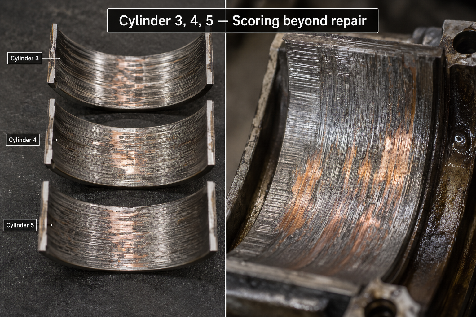 BMW N57 crankshaft bearing shells showing severe scoring and copper wear on cylinders 3, 4, and 5