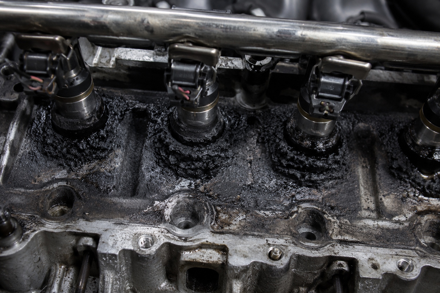 Jaguar AJD-V6 injector seal failure - heavy carbon buildup known as Black Death around injectors