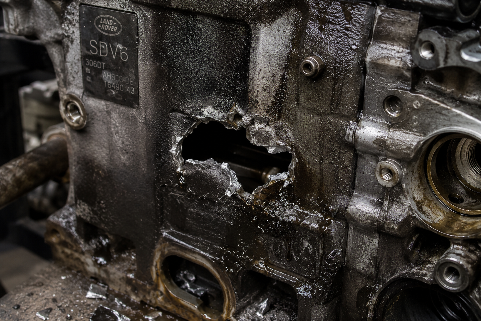 Range Rover SDV6 engine block with hole from snapped crankshaft - catastrophic engine failure