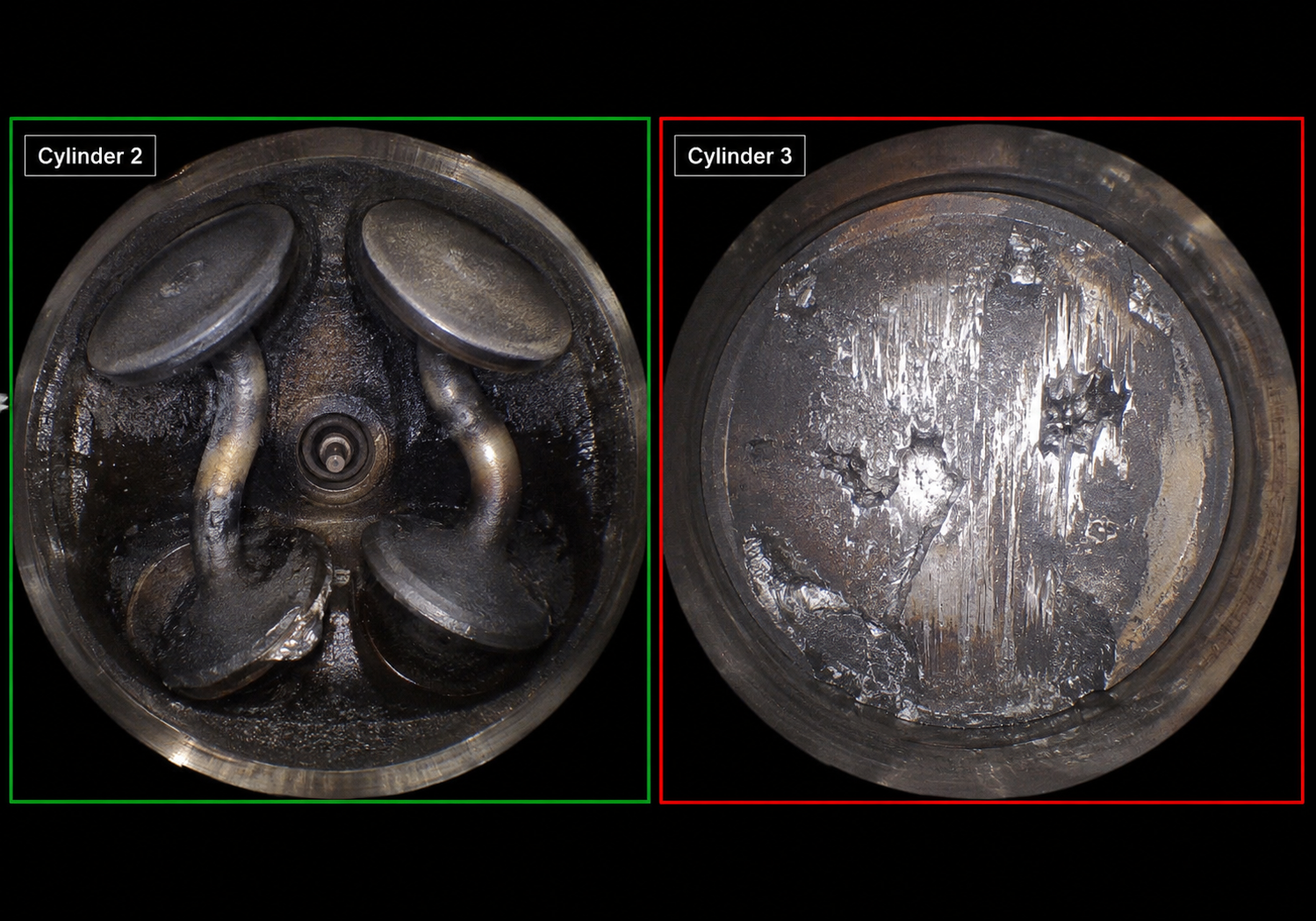 Borescope split showing bent valves and damaged pistons on cylinders 2 and 3