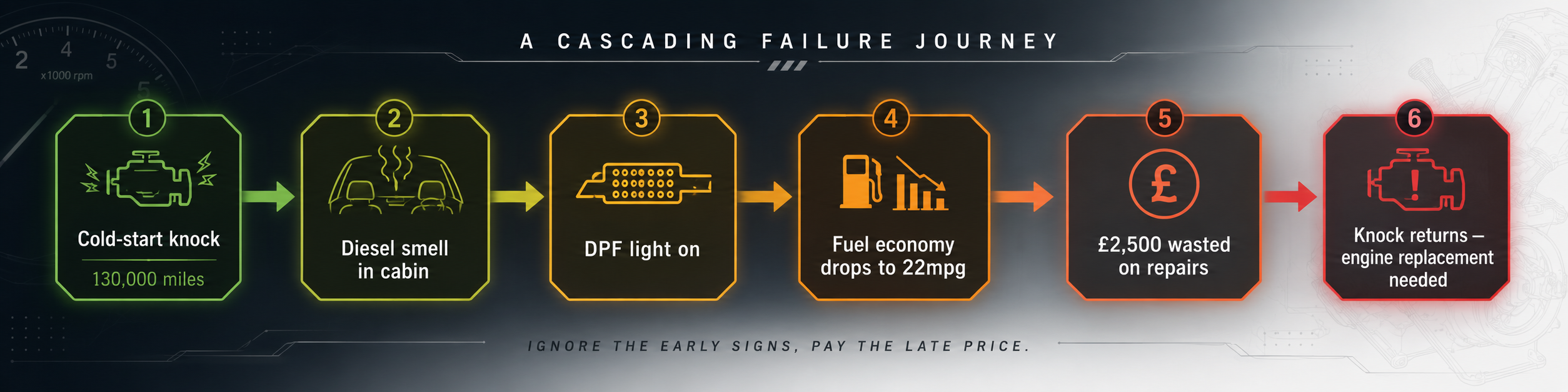 Jaguar AJD-V6 cascade of failures timeline showing progression from cold-start knock to engine replacement