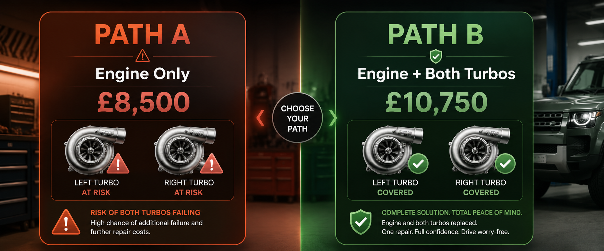 Range Rover SDV6 repair decision paths - engine only versus engine and both turbos