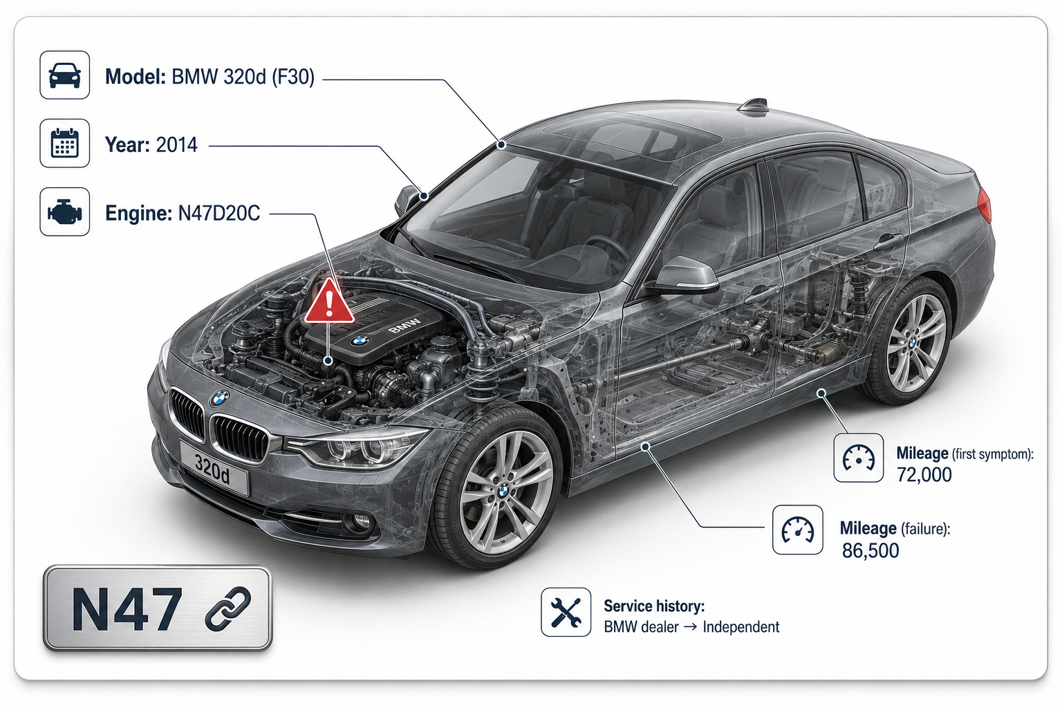 Isometric 3D render of 2014 BMW 320d F30 with N47 engine and spec labels