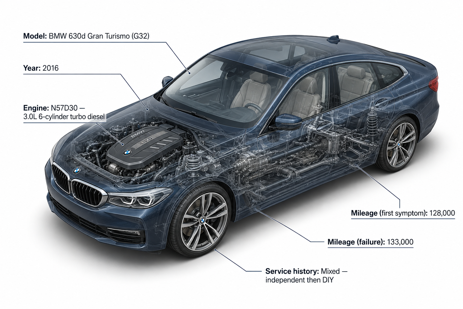 Isometric 3D render of 2016 BMW 630d Gran Turismo G32 with N57 diesel engine and vehicle specifications