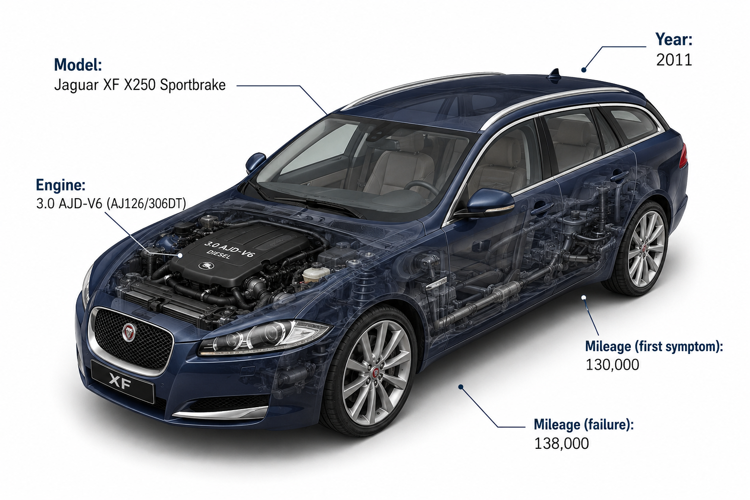 Isometric 3D render of 2011 Jaguar XF X250 Sportbrake with AJD-V6 diesel engine and vehicle specifications