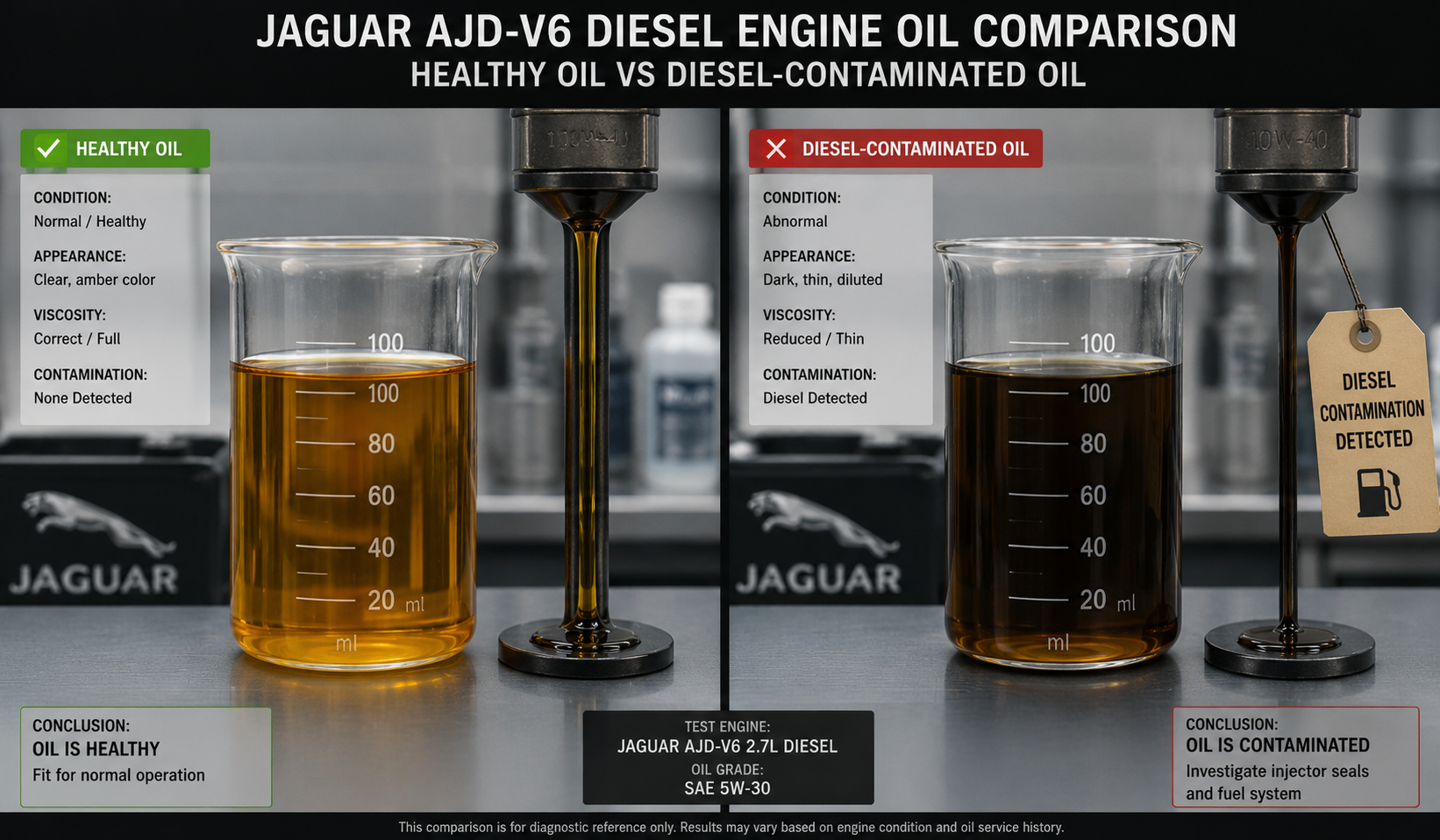 Jaguar AJD-V6 engine oil dilution comparison - healthy oil versus diesel-contaminated oil