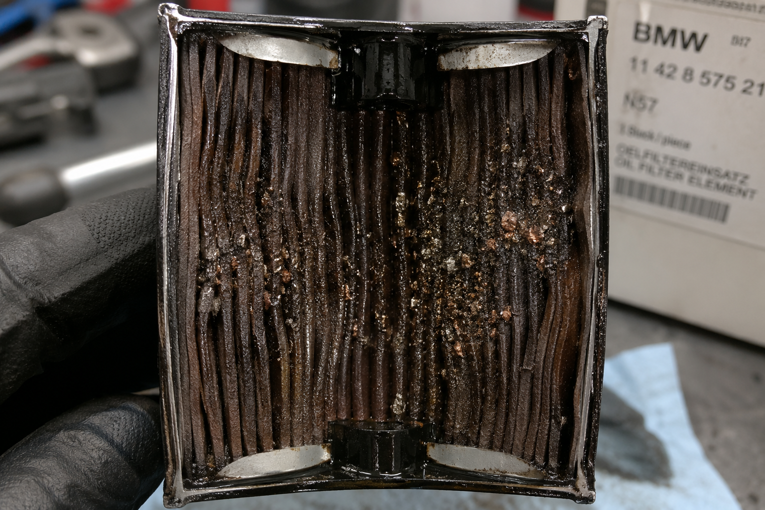 Cut-open BMW N57 oil filter showing metal particles and copper glitter trapped in filter media from crankshaft bearing failure
