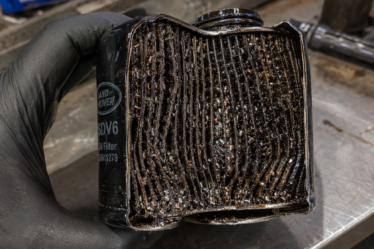 Cut-open Range Rover SDV6 oil filter showing heavy copper and silver metallic glitter from catastrophic crankshaft failure