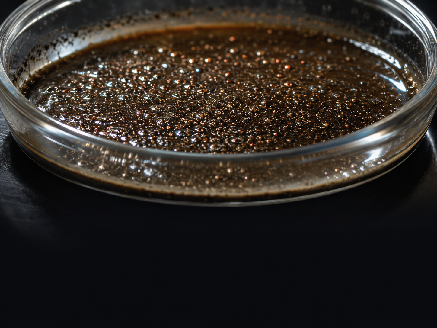 Macro photograph of used engine oil showing copper and silver metallic glitter particles from BMW N57 crankshaft bearing failure