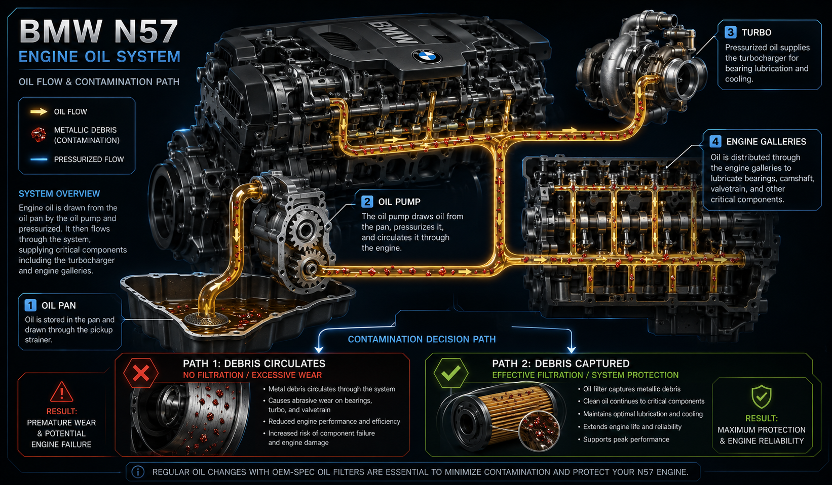 BMW N57 oil system diagram showing debris contamination path from bearing failure through oil gallery to turbo and oil pump