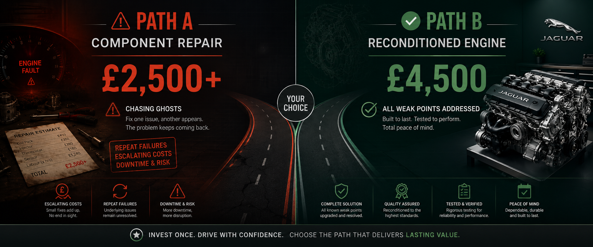 Jaguar AJD-V6 repair decision - component repair at £2,500+ with risks versus reconditioned engine at £4,500 with full warranty