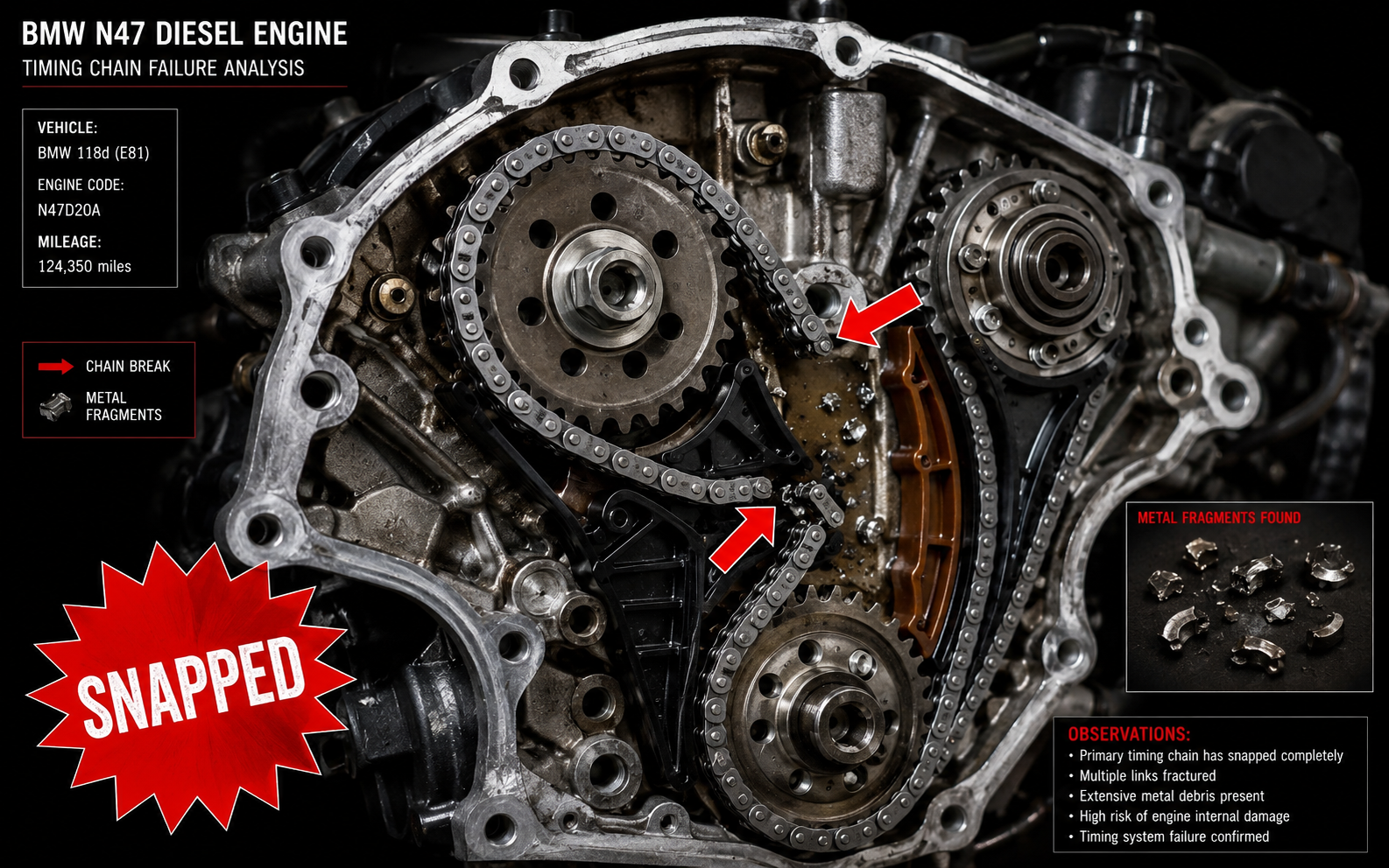 BMW N47 timing chain snapped with broken links and metal fragments