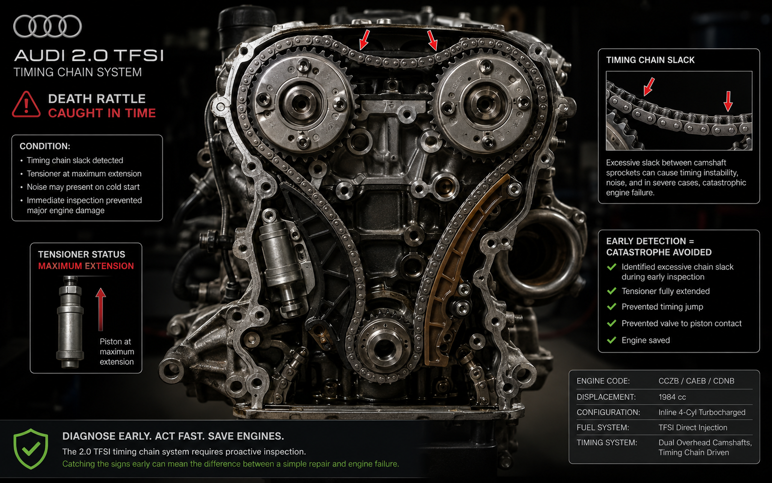 Audi 2.0 TFSI timing chain slack visible between camshaft sprockets from failed tensioner