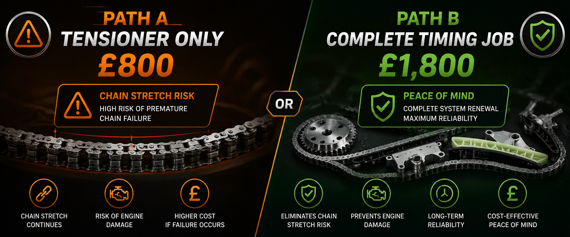Audi A4 B8 repair decision - tensioner only at £800 with risks versus complete timing job at £1,800 with peace of mind
