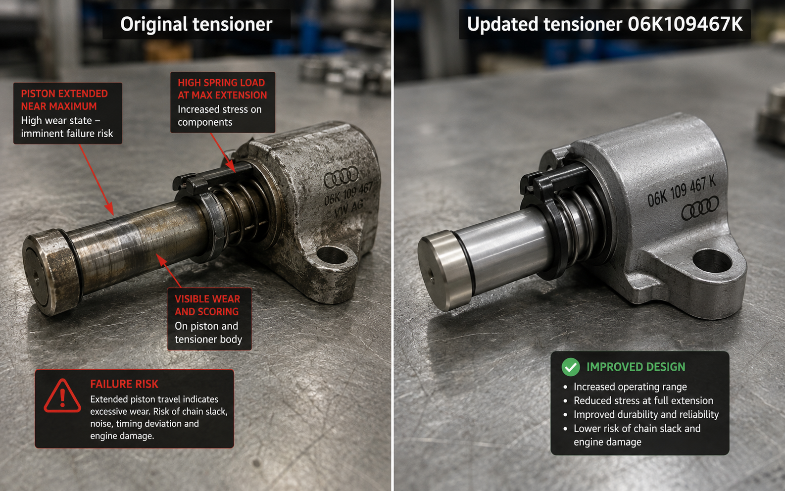 Audi 2.0 TFSI timing chain tensioner comparison - original failed design versus updated version