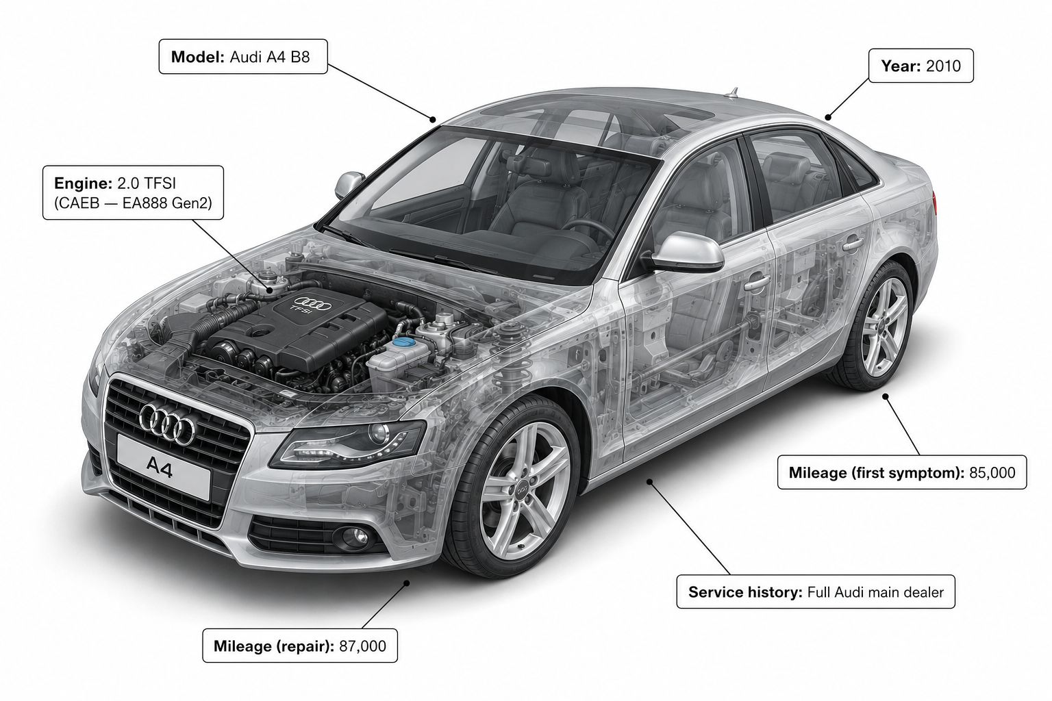 Isometric 3D render of 2010 Audi A4 B8 with 2.0 TFSI engine and vehicle specifications