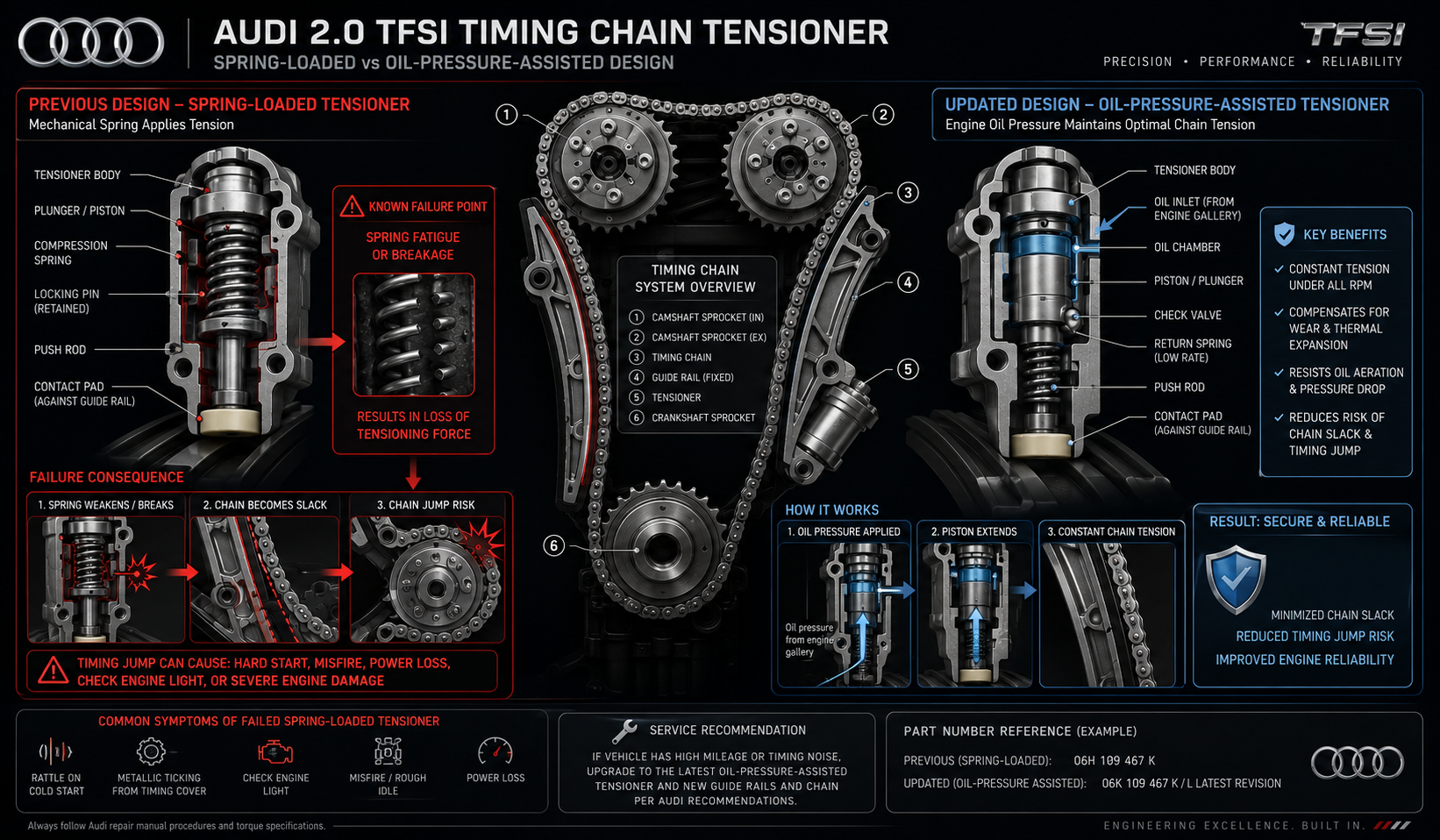 Audi 2.0 TFSI timing chain tensioner mechanism showing failure point and chain jump risk