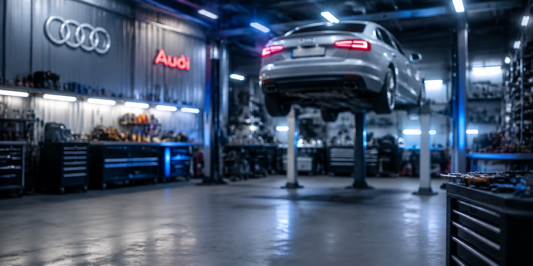 Blurred Audi workshop background with A4 on ramp for repair outcome quote card
