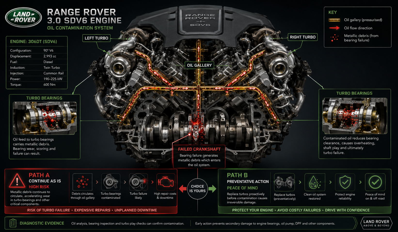 Range Rover SDV6 twin turbo oil system diagram showing debris contamination path from crankshaft to both turbos